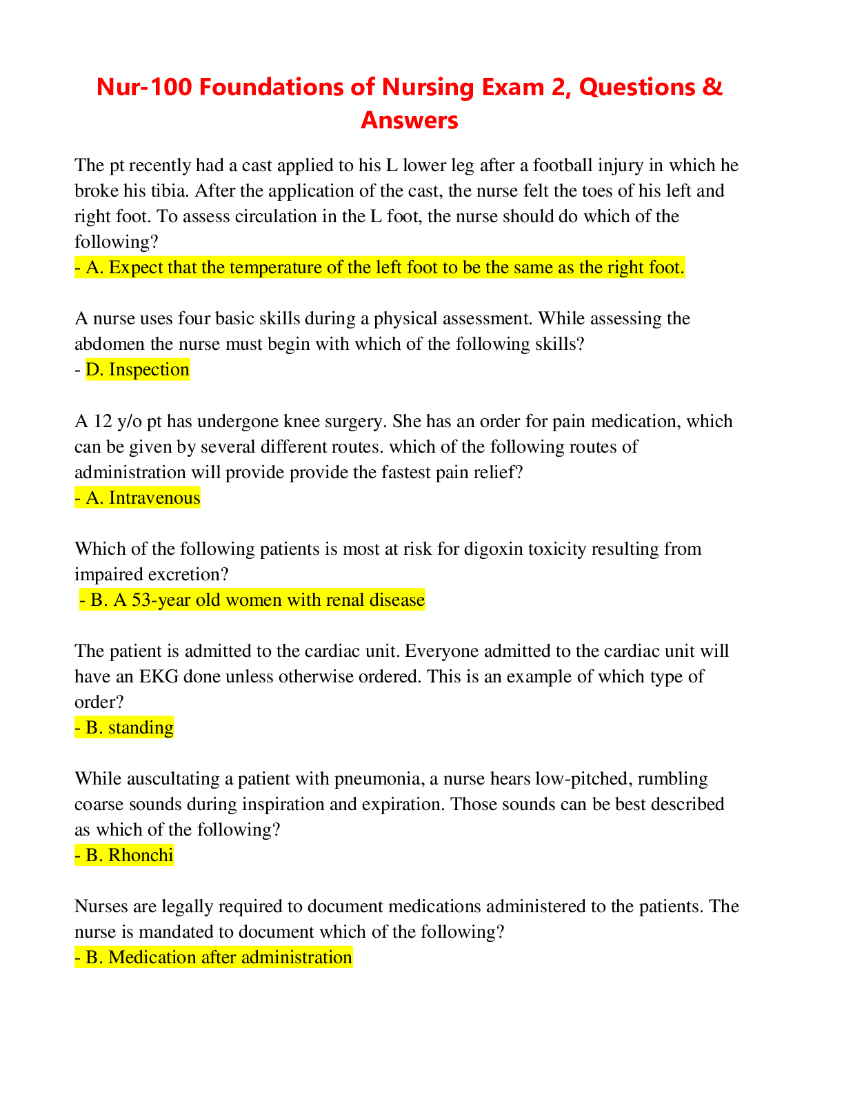 Preview image for Nur-100 Foundations of Nursing Exam 2, Questions & Answers